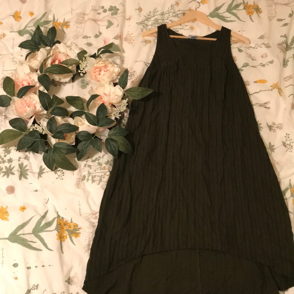 Olive Green Hugh-Low Dress with Black Stripes